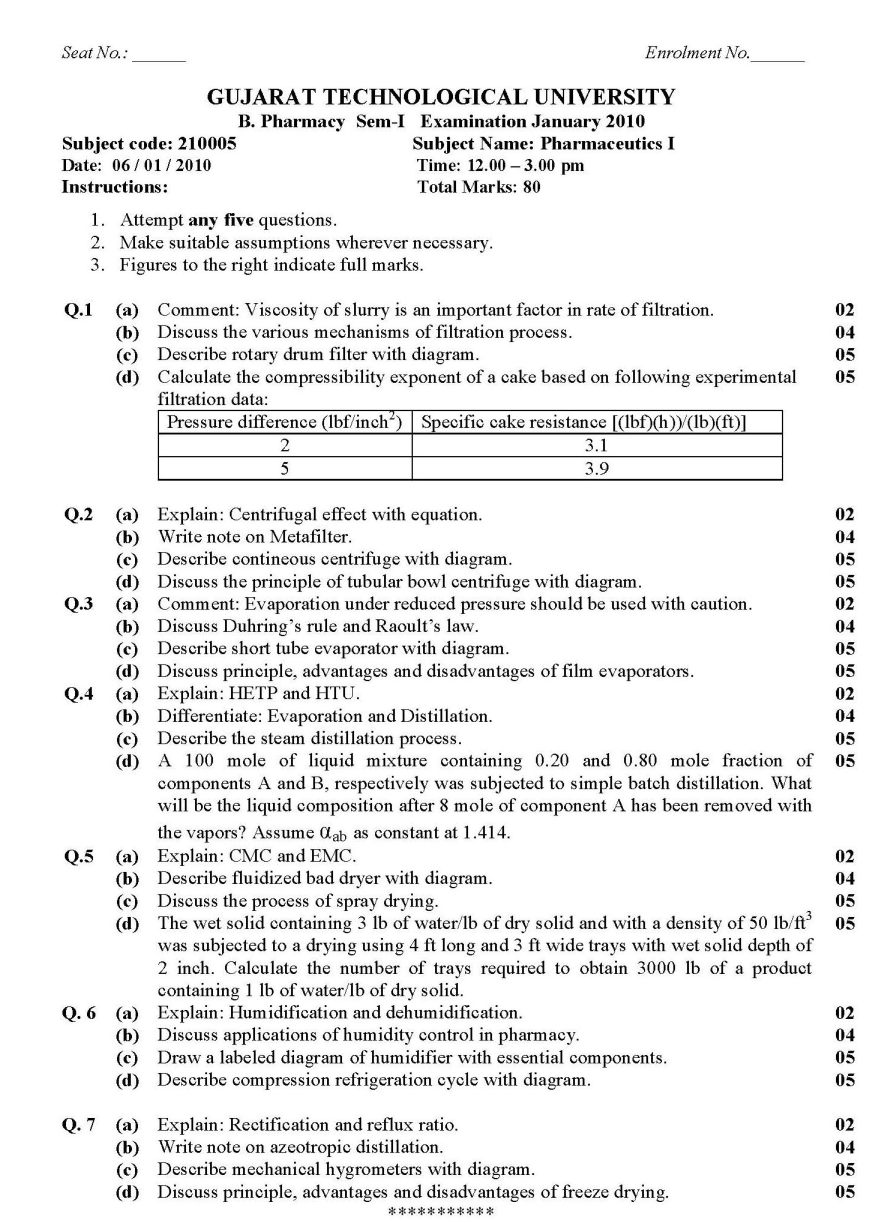 GTU B. Pharmacy Sem IPharmaceutics I Exam Question Papers 2023 2024