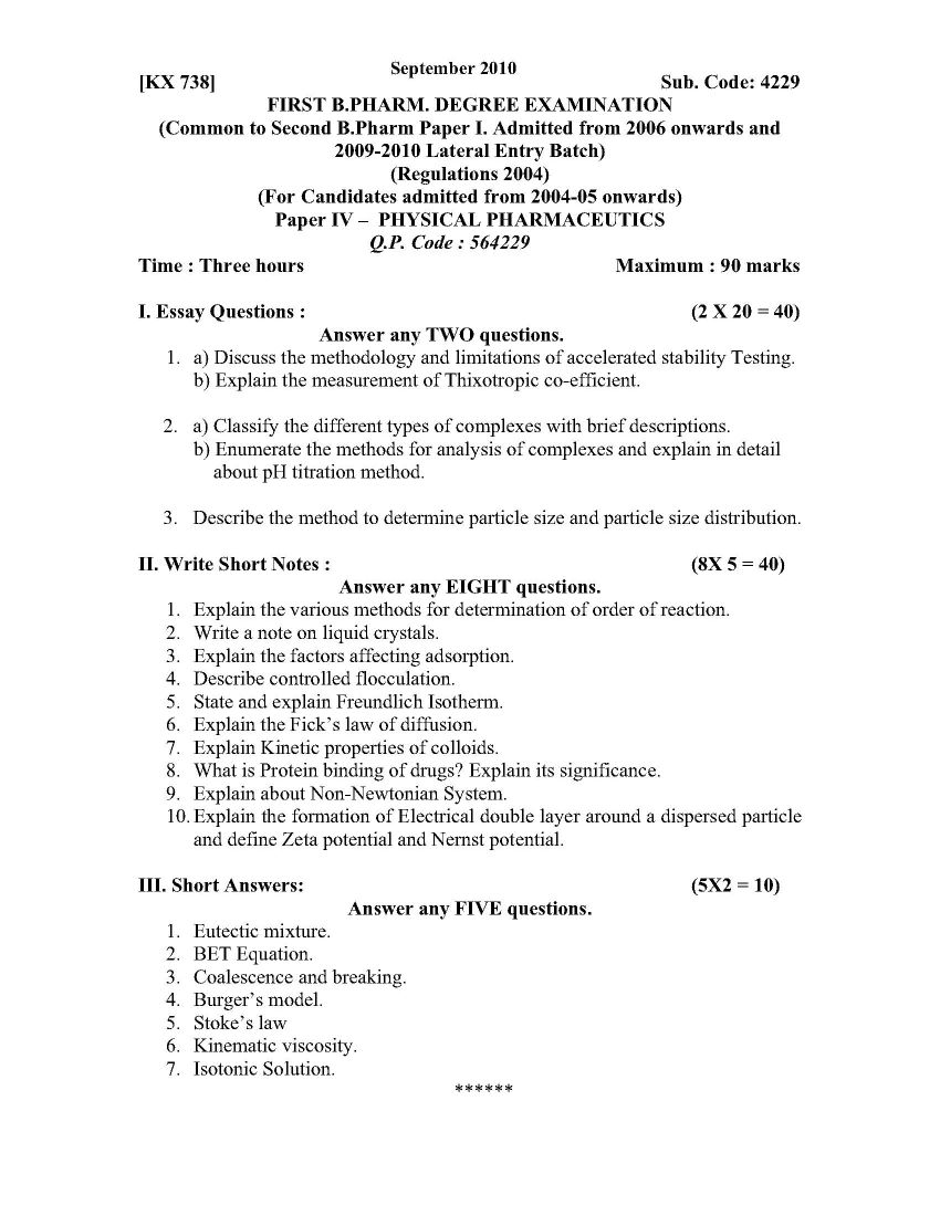 TNMGRMU B. Pharm. 1st year Physical Pharmaceutical Exam paper 2023