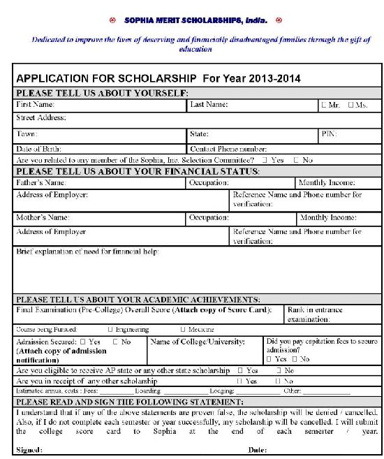 Application Form for Sophia Merit Scholarship - 2023 2024 EduVark