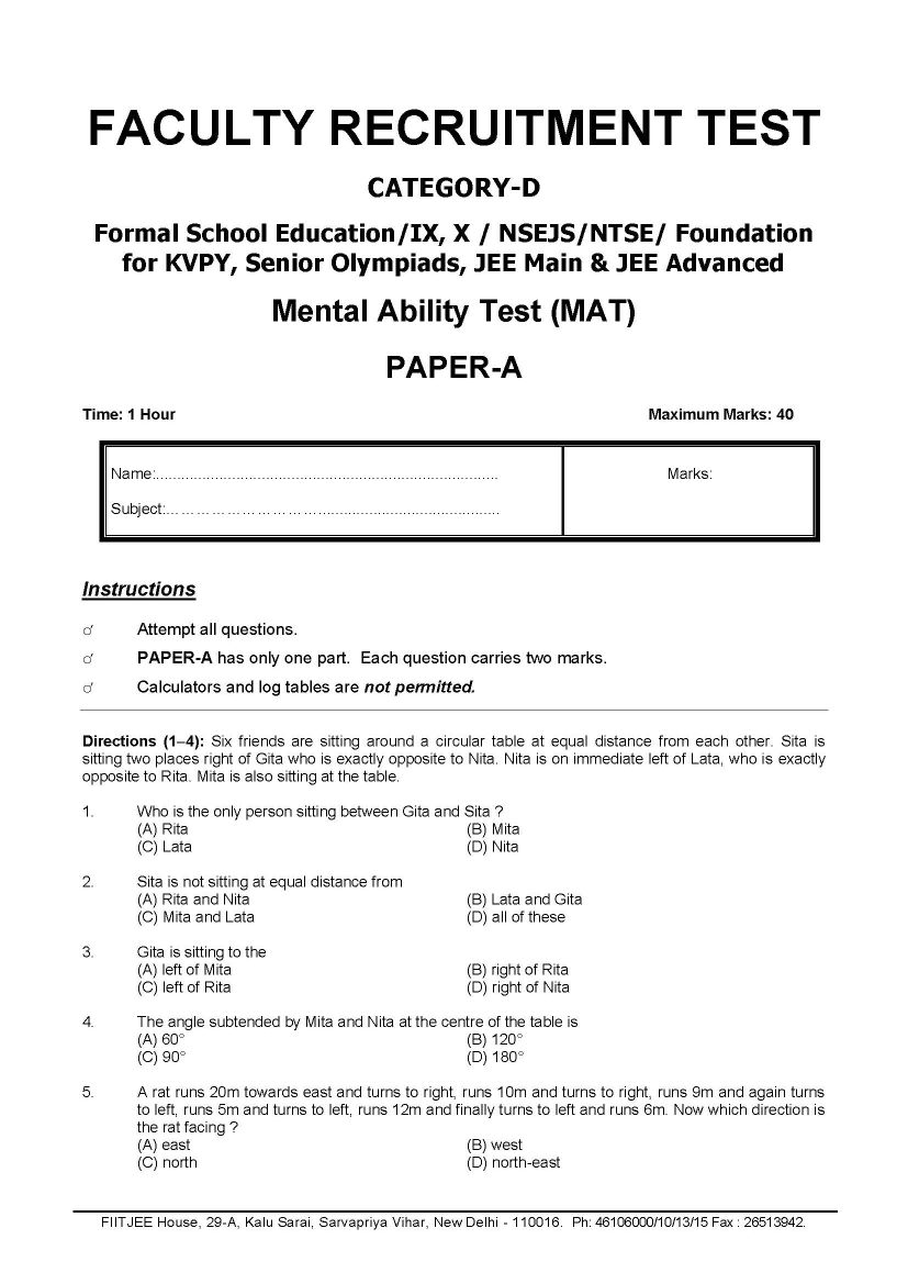 Nie Aptitude Test Sample Papers For Class 7