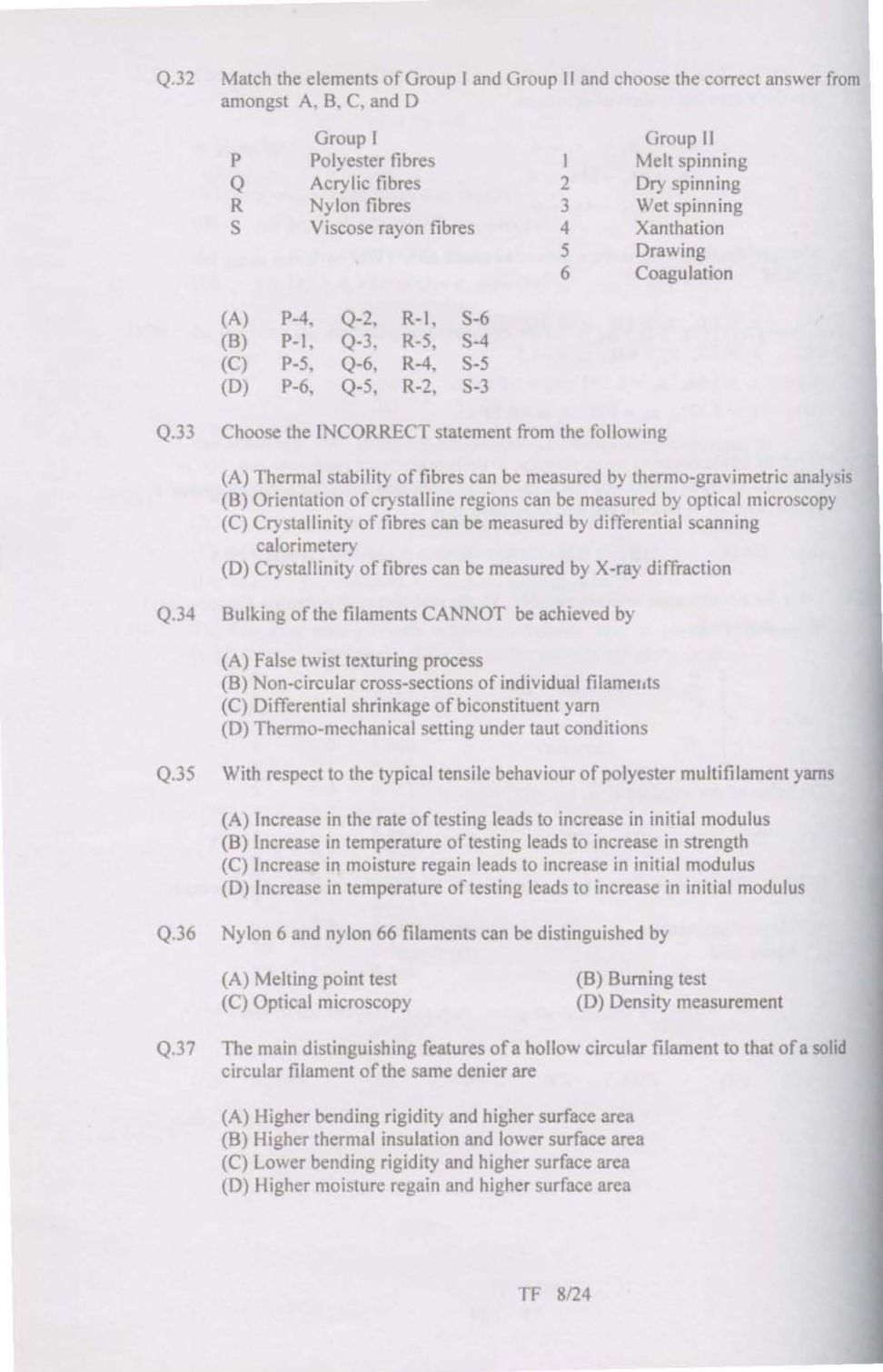 Gate Textile Engineering And Fibre Science Tf Question Paper ...