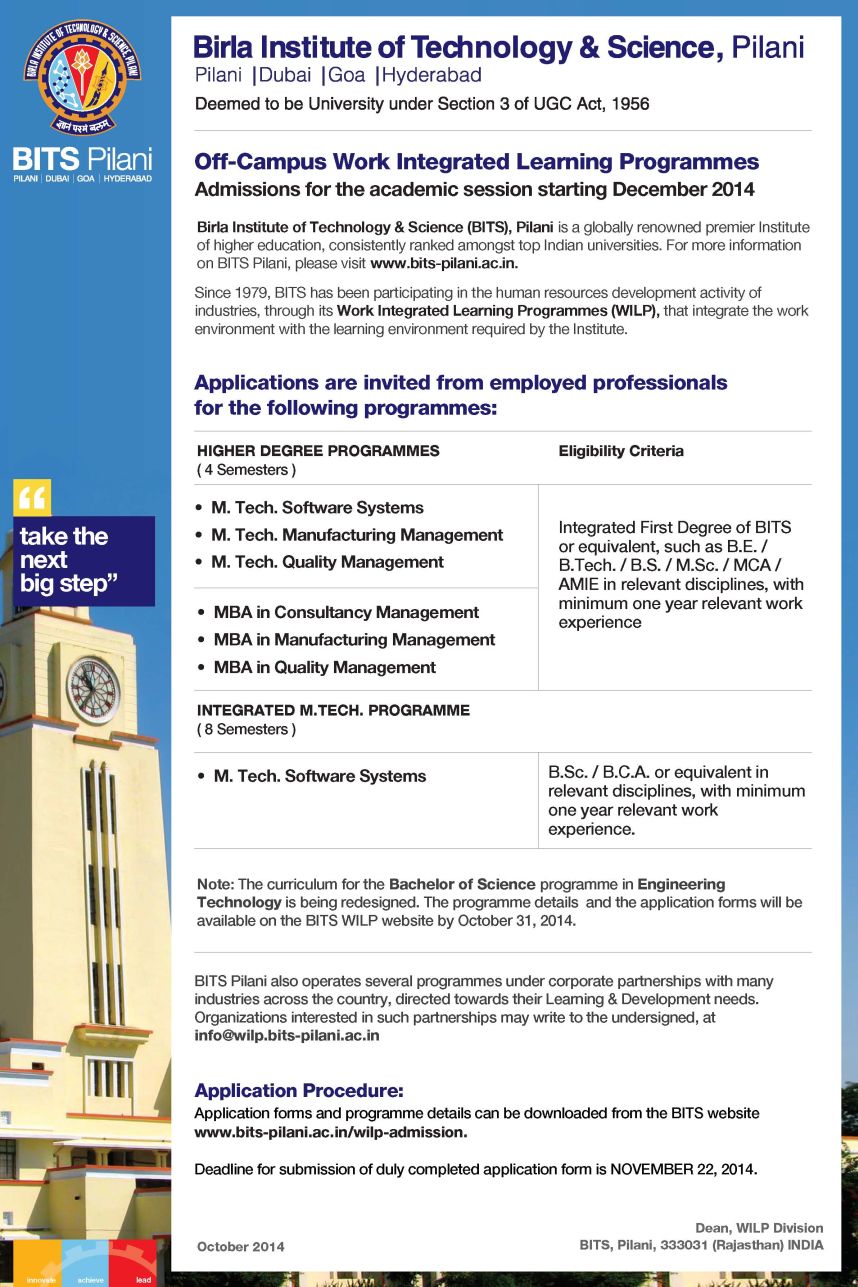 Admission Details Of M Tech From BITS Pilani 