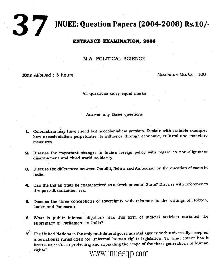 jnu phd political science previous year question paper