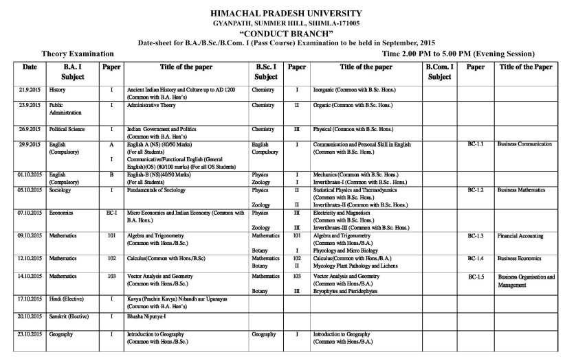 HP University B.Sc Date Sheet - 2023 2024 EduVark