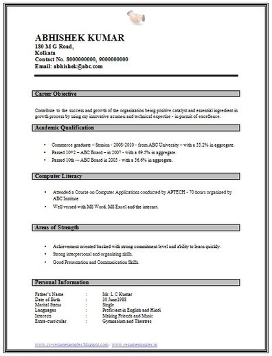 Resume format for freshers looking for the first job