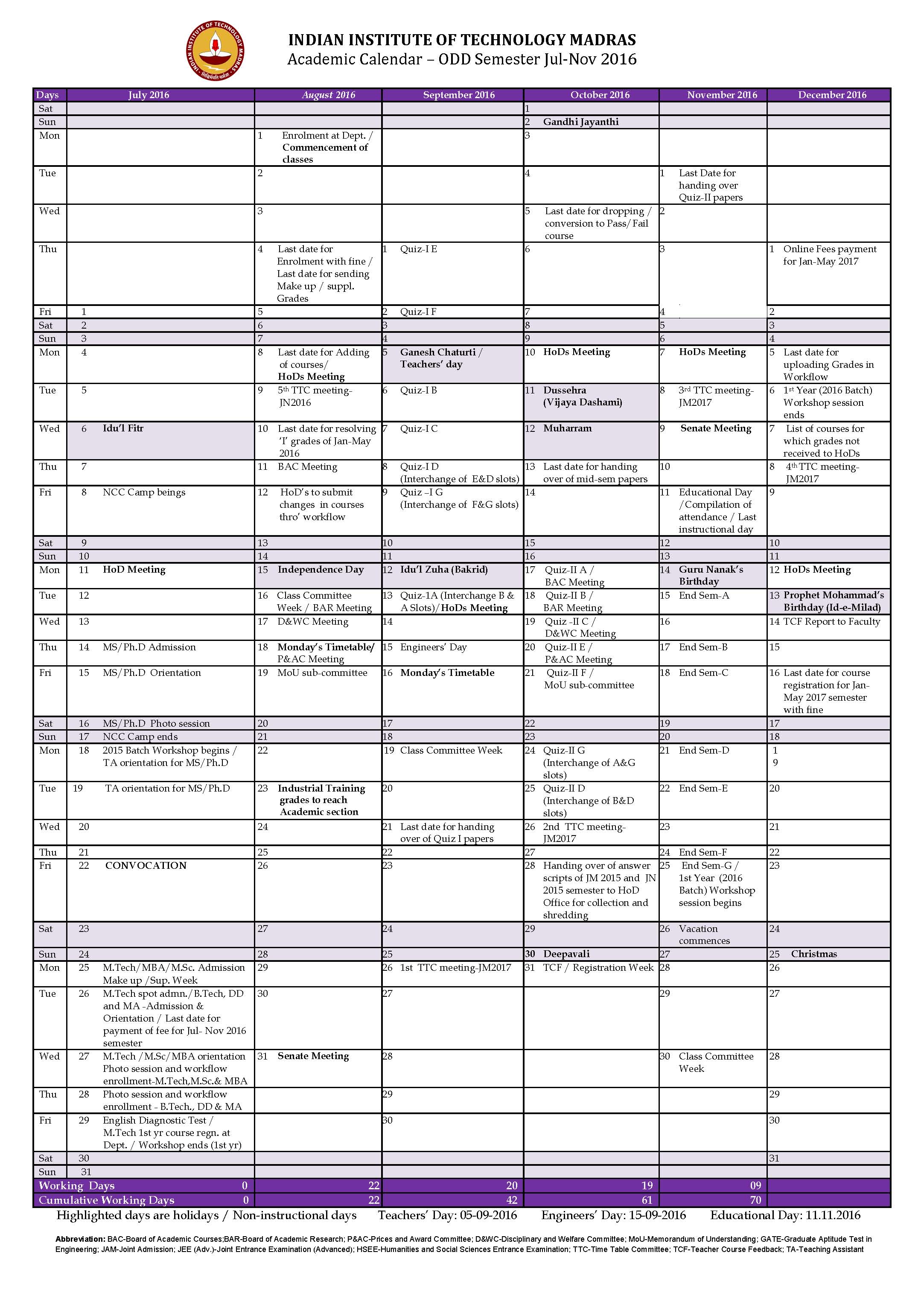 IIT Madras Academic Calendar 1 