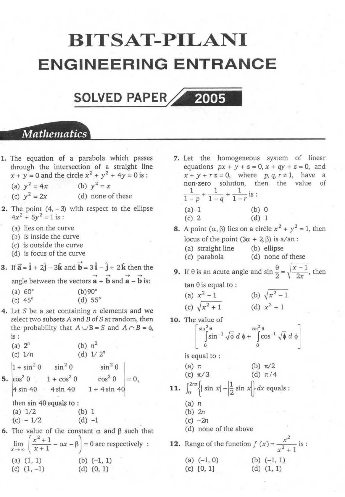 BITSAT Previous Year Question Papers 1 