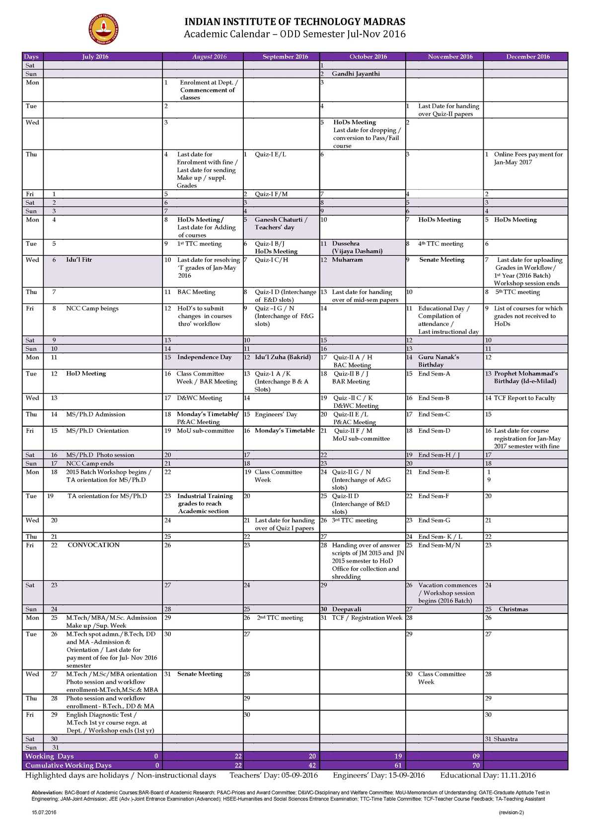 IITM Academic Calendar 2022 2023 EduVark