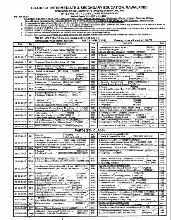 Date Sheet Rawalpindi Board 2023 2024 EduVark