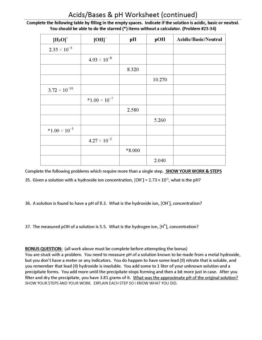 Ph Acids and Bases Worksheet - 20 20 EduVark In Ph And Poh Worksheet