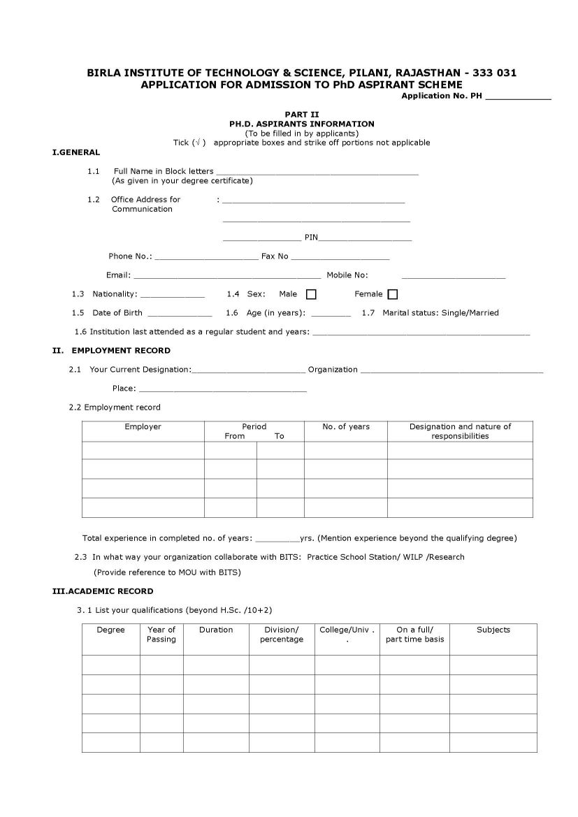 Download BITS Pilani Application Form 2 