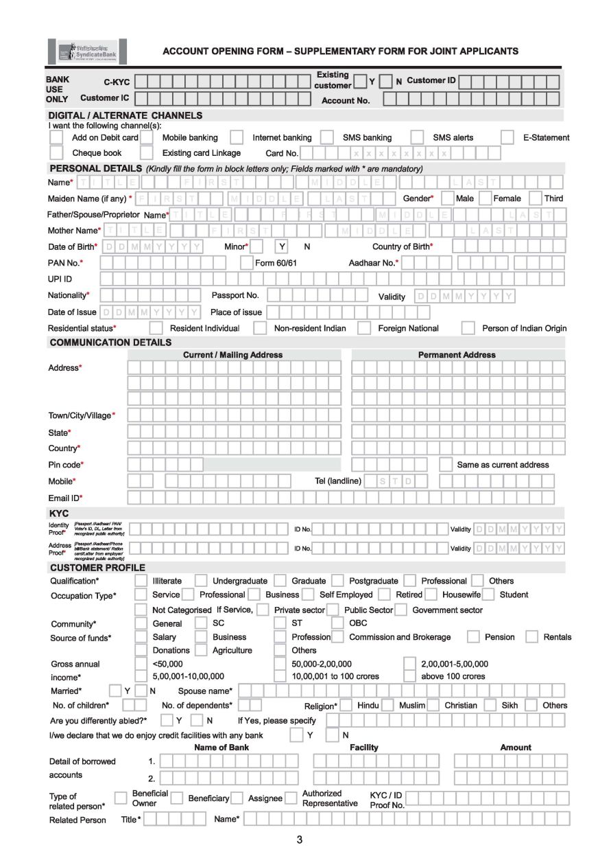 syndicate bank a/c opening form