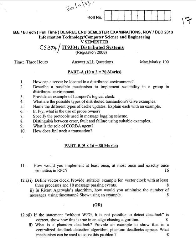 Anna University CS 374/ IT9304 Distributed Systems Question Paper