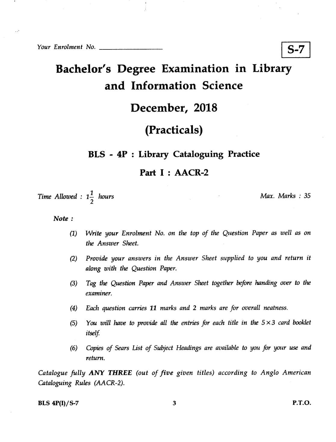 IGNOU BLS 4P(I)Set 7 Library Cataloguing Practice AACR2 Question