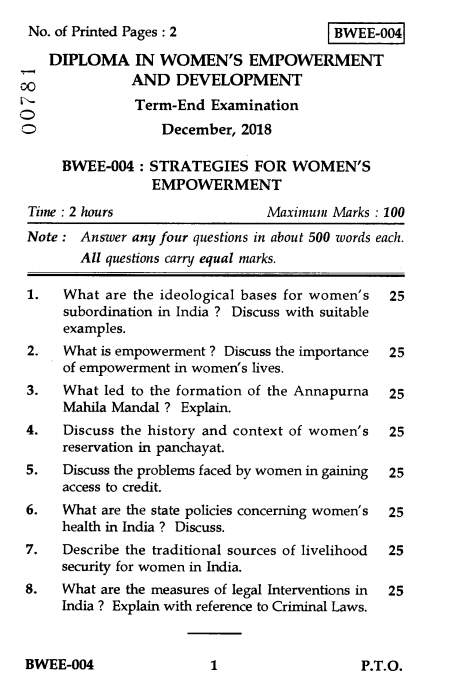 IGNOU BWEE-004 Strategies For Women's Empowerment Question Paper - 2023 ...