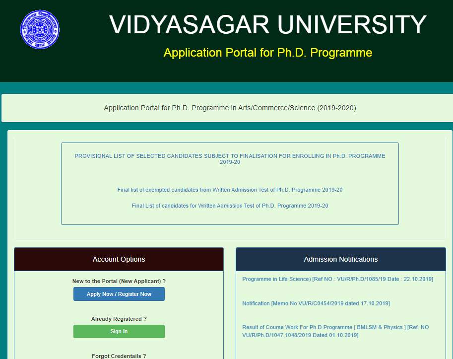 vidyasagar university phd online application