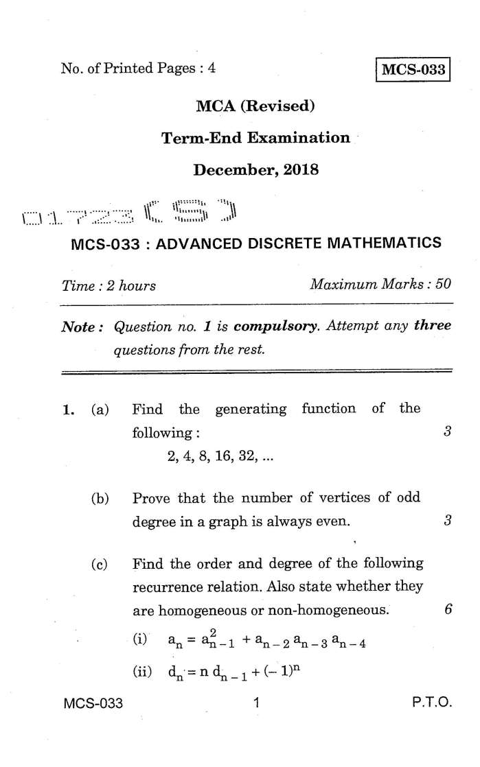 IGNOU MCS033 Advanced Discrete Mathematics Question Paper 2023 2024